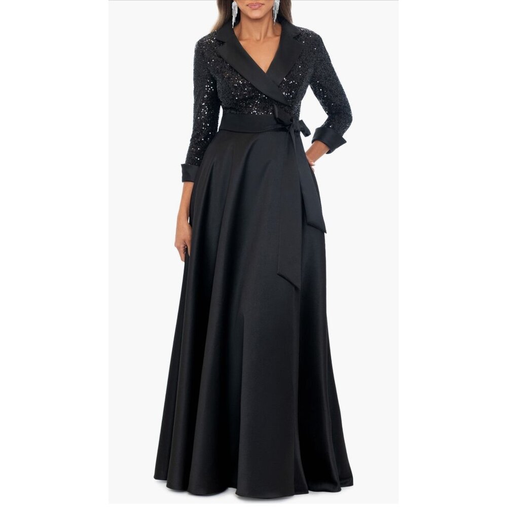 Xscape Black Sequin-Embellished Gown With Satin Collar & Belt Size 4 Long Sleeve